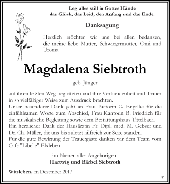 Traueranzeige von Magdalena Siebtroth von Thüringer Allgemeine