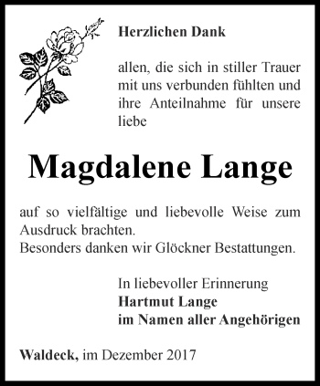 Traueranzeige von Magdalene Lange von Ostthüringer Zeitung