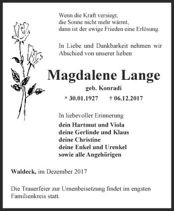 Traueranzeige von Magdalene Lange von Ostthüringer Zeitung