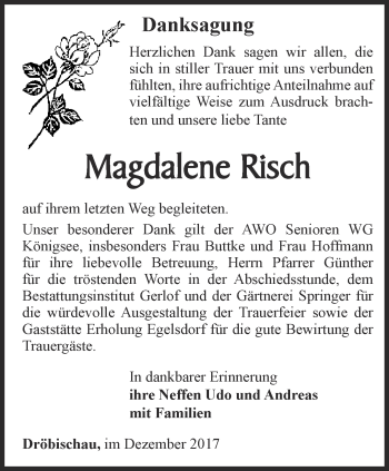 Traueranzeige von Magdalene Risch von Ostthüringer Zeitung