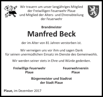 Traueranzeige von Manfred Beck von Thüringer Allgemeine