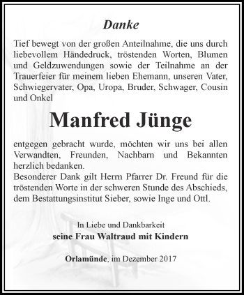 Traueranzeige von Manfred Jünge von Ostthüringer Zeitung, Thüringische Landeszeitung