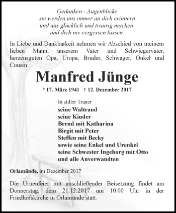 Traueranzeige von Manfred Jünge von Ostthüringer Zeitung, Thüringische Landeszeitung