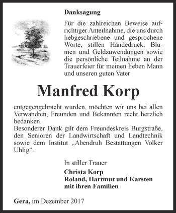 Traueranzeige von Manfred Korp von Ostthüringer Zeitung