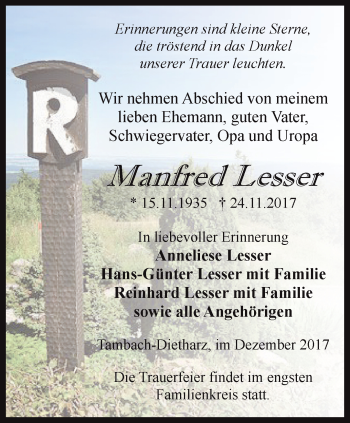 Traueranzeige von Manfred Lesser von Ostthüringer Zeitung, Thüringische Landeszeitung