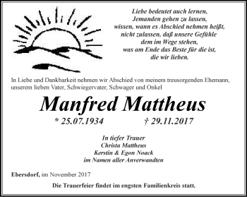 Traueranzeige von Manfred Mattheus von Ostthüringer Zeitung