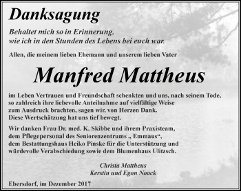 Traueranzeige von Manfred Mattheus von Ostthüringer Zeitung