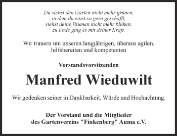 Traueranzeige von Manfred Wieduwilt von Ostthüringer Zeitung