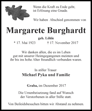 Traueranzeige von Margarete Burghardt von Ostthüringer Zeitung