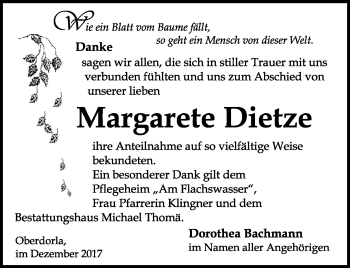 Traueranzeige von Margarete Dietze von Thüringer Allgemeine, Thüringische Landeszeitung