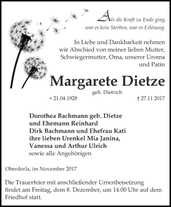 Traueranzeige von Margarete Dietze von Thüringer Allgemeine, Thüringische Landeszeitung