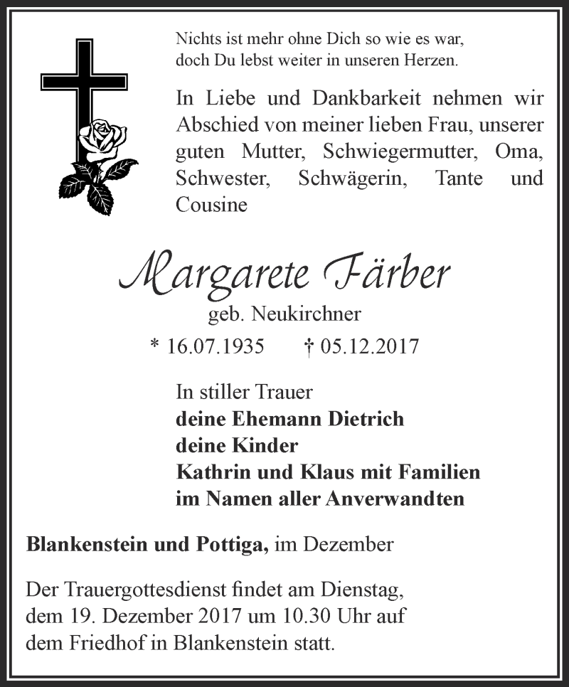  Traueranzeige für Margarete Färber vom 13.12.2017 aus Ostthüringer Zeitung