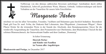 Traueranzeige von Margarete Färber von Ostthüringer Zeitung