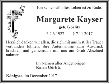 Traueranzeige von Margarete Kayser von Ostthüringer Zeitung
