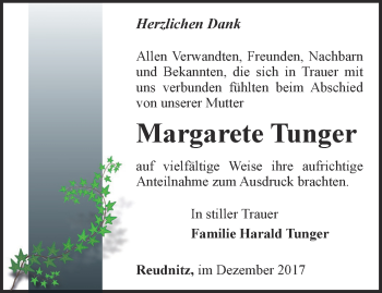 Traueranzeige von Margarete Tunger von Ostthüringer Zeitung