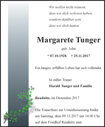 Traueranzeige von Margarete Tunger von Ostthüringer Zeitung