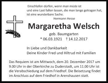 Traueranzeige von Margaretha Welsch von Thüringer Allgemeine