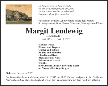 Traueranzeige von Margit Lendewig  von Thüringer Allgemeine