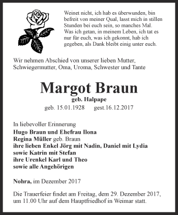 Traueranzeige von Margot Braun von Thüringer Allgemeine, Thüringische Landeszeitung