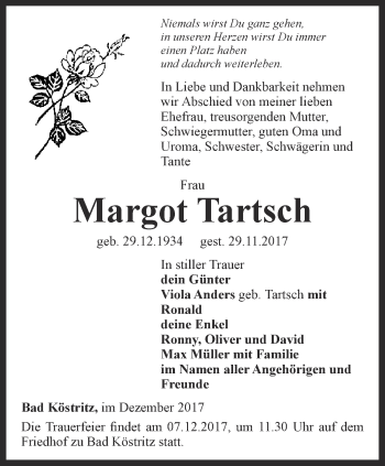 Traueranzeige von Margot Tartsch von Ostthüringer Zeitung