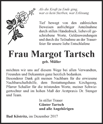 Traueranzeige von Margot Tartsch von Ostthüringer Zeitung