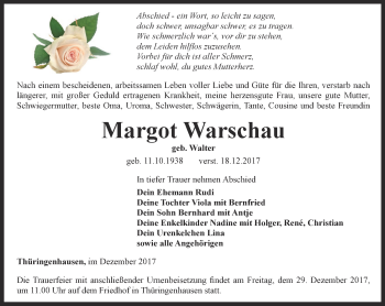 Traueranzeige von Margot Warschau von Thüringer Allgemeine