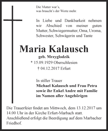 Traueranzeige von Maria Kalausch von Thüringer Allgemeine, Thüringische Landeszeitung