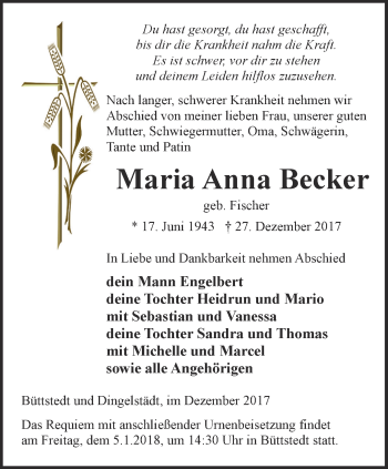 Traueranzeige von Maria Anna Becker von Thüringer Allgemeine