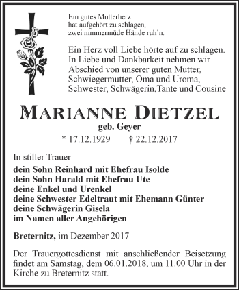 Traueranzeige von Marianne Dietzel von Ostthüringer Zeitung