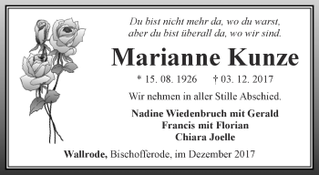 Traueranzeige von Marianne Kunze von Thüringer Allgemeine