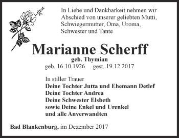 Traueranzeige von Marianne Scherff von Ostthüringer Zeitung