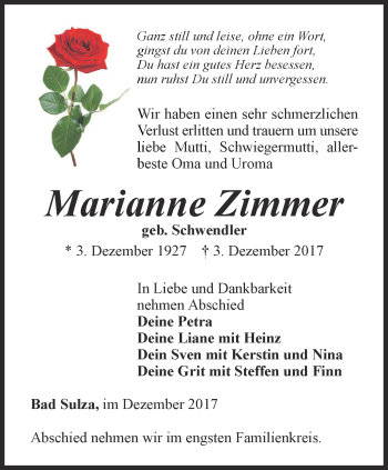 Traueranzeige von Marianne Zimmer von Thüringer Allgemeine, Thüringische Landeszeitung