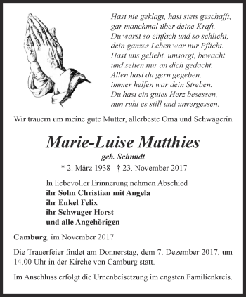 Traueranzeige von Marie-Luise Matthies von Ostthüringer Zeitung, Thüringische Landeszeitung