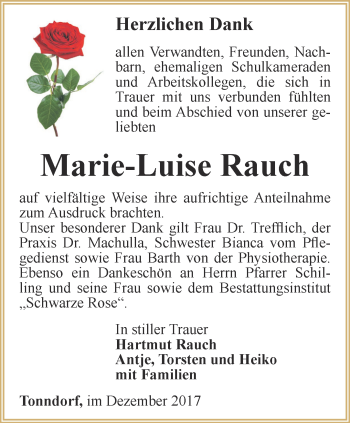 Traueranzeige von Marie-Luise Rauch von Thüringer Allgemeine, Thüringische Landeszeitung