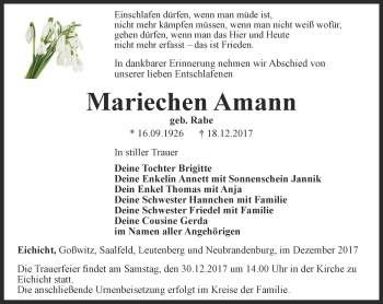 Traueranzeige von Mariechen Amann von Ostthüringer Zeitung