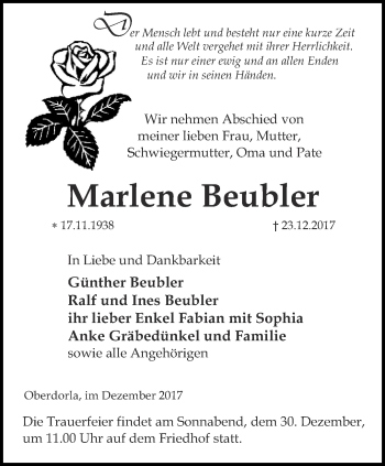 Traueranzeige von Marlene Beubler von Thüringer Allgemeine, Thüringische Landeszeitung