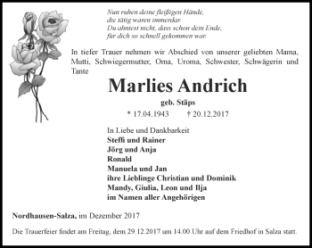 Traueranzeige von Marlies Andrich von Thüringer Allgemeine