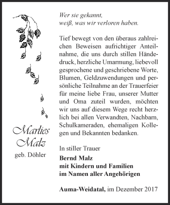 Traueranzeige von Marlies Malz von Ostthüringer Zeitung