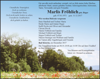 Traueranzeige von Marlis Fröhlich von Ostthüringer Zeitung