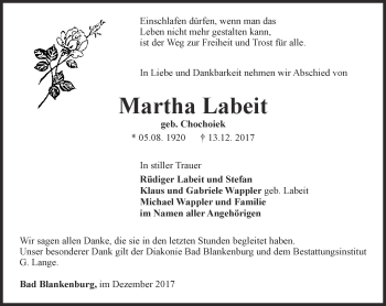 Traueranzeige von Martha Labeit von Ostthüringer Zeitung