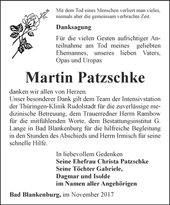 Traueranzeige von Martin Patzschke von Ostthüringer Zeitung