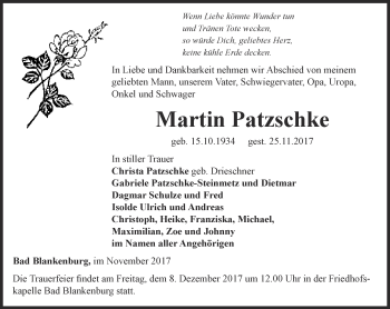 Traueranzeige von Martin Patzschke von Ostthüringer Zeitung