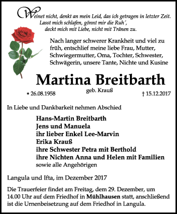 Traueranzeige von Martina Breitbarth von Thüringer Allgemeine, Thüringische Landeszeitung