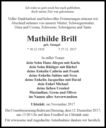 Traueranzeige von Mathilde Brill von Ostthüringer Zeitung