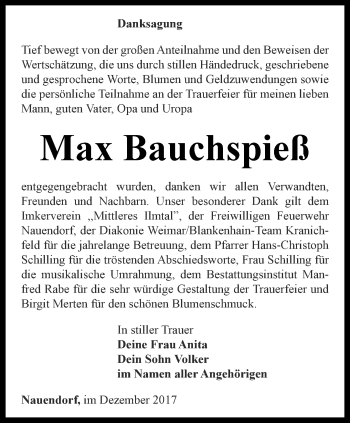 Traueranzeige von Max Bauchspieß von Thüringer Allgemeine, Thüringische Landeszeitung