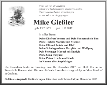 Traueranzeige von Mike Gießler von Thüringer Allgemeine