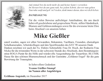 Traueranzeige von Mike Gießler von Thüringer Allgemeine