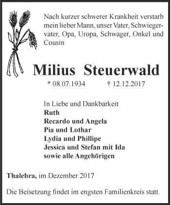 Traueranzeige von Milius Steuerwald von Thüringer Allgemeine