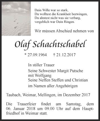 Traueranzeige von Olaf Schachtschabel von Thüringer Allgemeine, Thüringische Landeszeitung