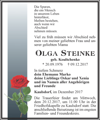 Traueranzeige von Olga Steinke von Ostthüringer Zeitung